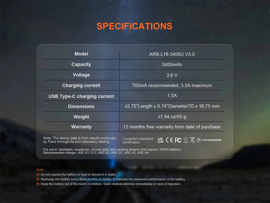 Fenix 18650 ARB-L18-3400U V3.0 Built-in USB Rechargeable Battery